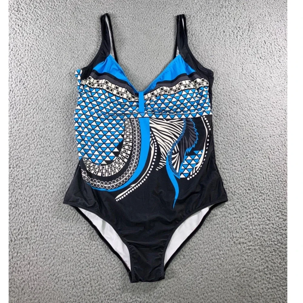One‎ Piece Swimsuit Women 2XL Black Blue Geometric Tribal Print V-Neck Abstract